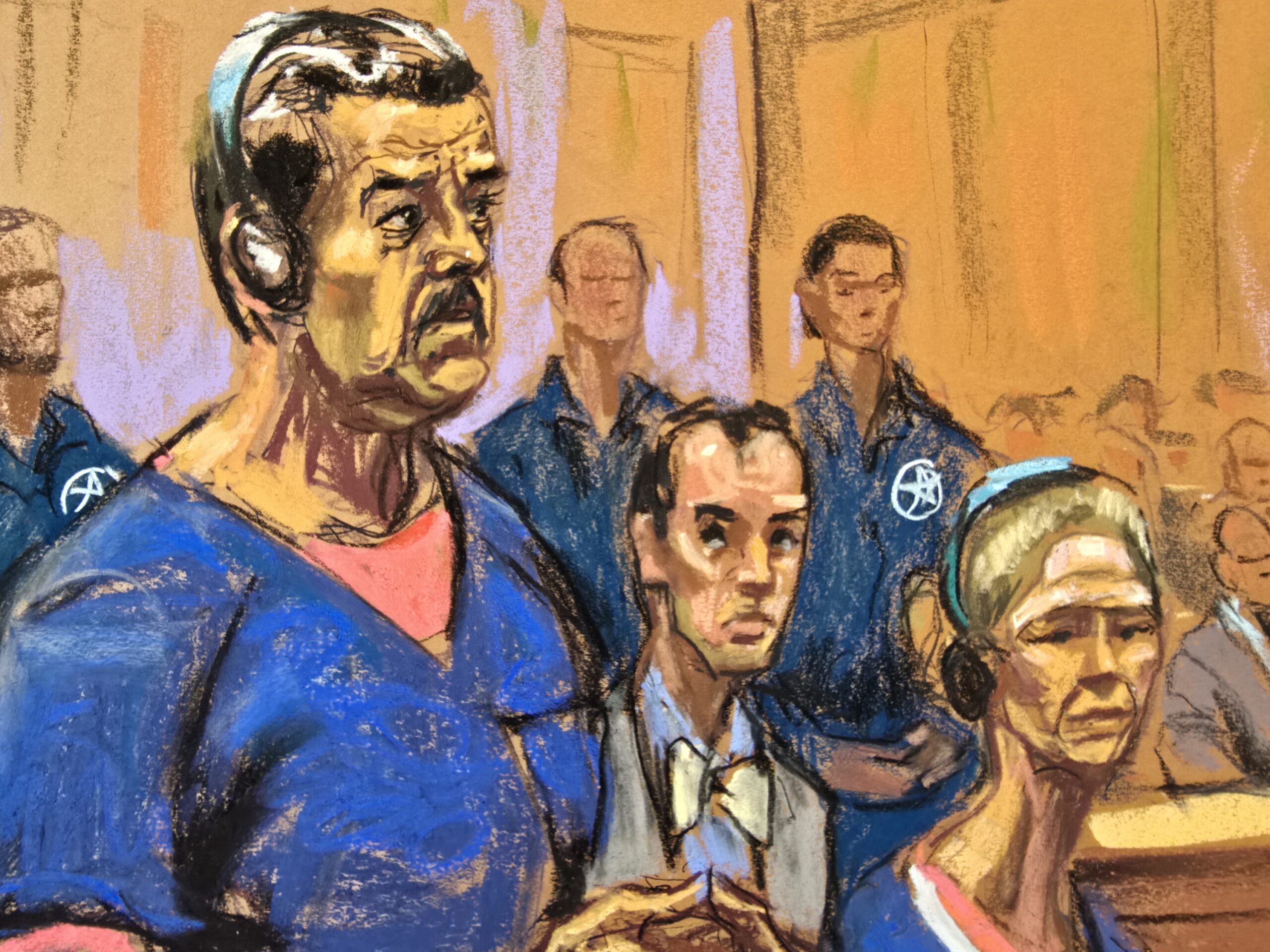 O desenho mostra o presidente da Venezuela, Nicolás Maduro (à esq.), e sua esposa, Cilia Flores, durante a audiência de apresentação formal das acusações no Tribunal Federal Daniel Patrick Moynihan, em Nova York