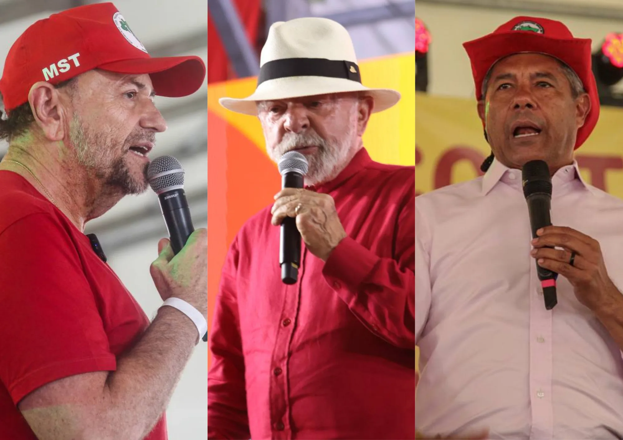 Da esquerda para a direita: Edinho Silva, presidente do PT, Lula, e o governador da Bahia, Jerônimo Rodrigues.