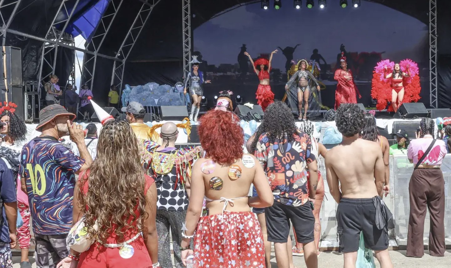 Foliões de costa para a imagem, olhando para o palco no qual o Bloco do Amor se apresenta, em local público de Brasília