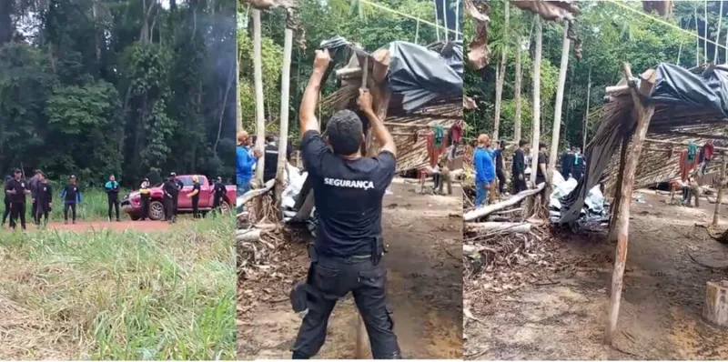Alegando cumprimento de ordem judicial, seguranças da Fazenda Palotina derrubam barracos e expulsam famílias de agricultores que fazem a coleta de castanha