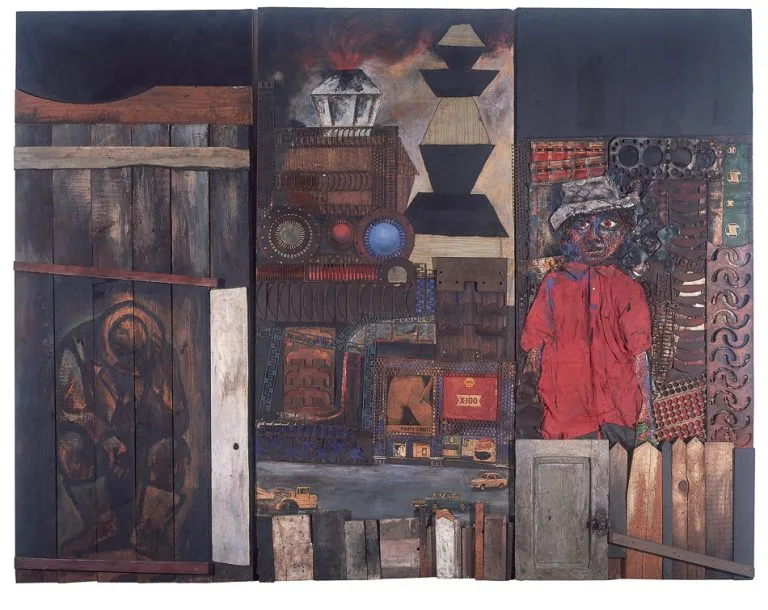 Antonio Berni (Argentina), Juanito Laguna, s.d. Colagem de madeira e metal pintados (tríptico), 220 x 300 cm.