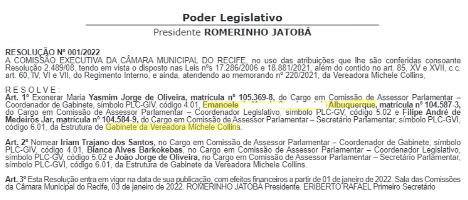 Diário Oficial do Recife em janeiro de 2022: Emanoele é exonerada do gabinete de Michele Collins