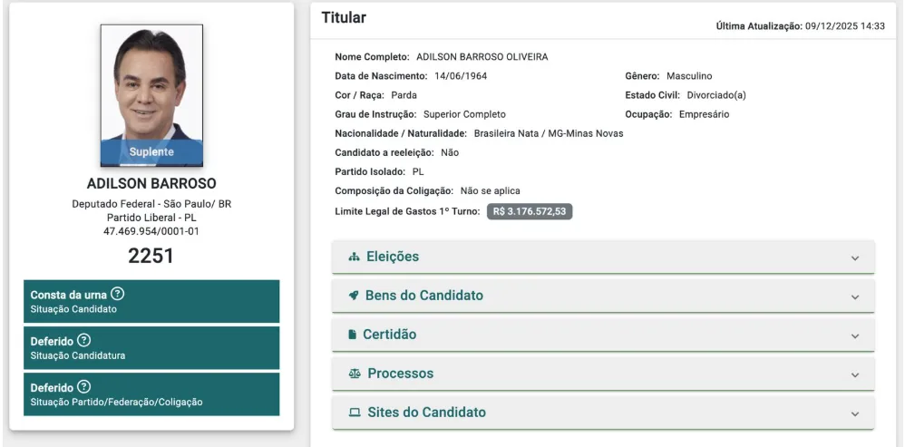 Perfil de Adilson Barroso no TSE. Créditos: TSE.