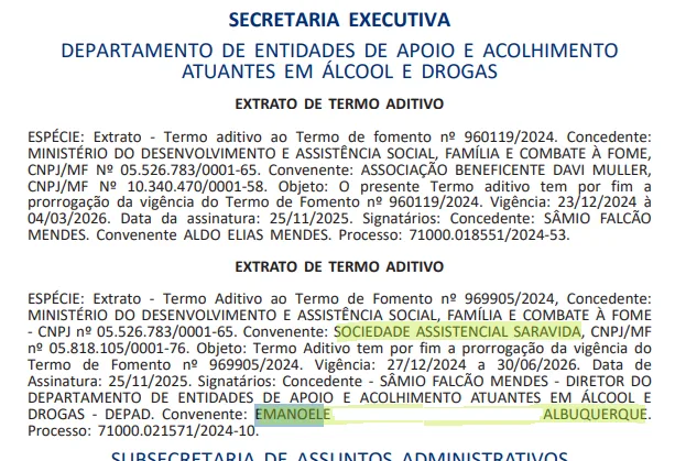 Diário Oficial da União em novembro de 2025: Emanoele é presidente da Saravida, entidade ligada a Michele Collins