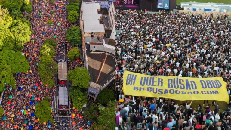Foliões lotam a cidade no carnaval e pessoas levantam bandeirão pedindo Tarifa Zero em festival