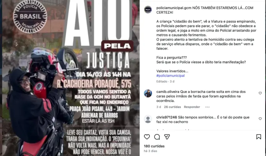 Perfil que apoia trabalho policial ironizou ato promovido pela família pedindo justiça por Péricles | Foto: Reprodução/Instagram
