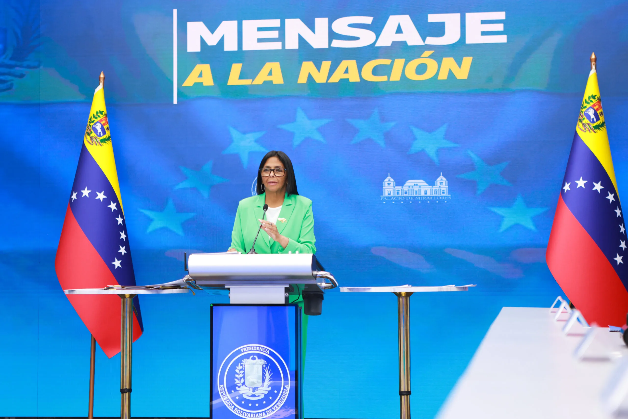 A presidenta interina da Venezuela, Delcy Rodríguez, em pronunciamento à nação, nesta quarta-feira (9).
