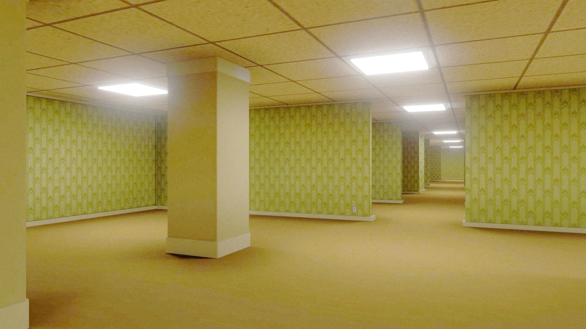 O tempo parece estático nos backrooms cuja arquitetura é fundada pela noção de espaços liminares (liminal spaces)