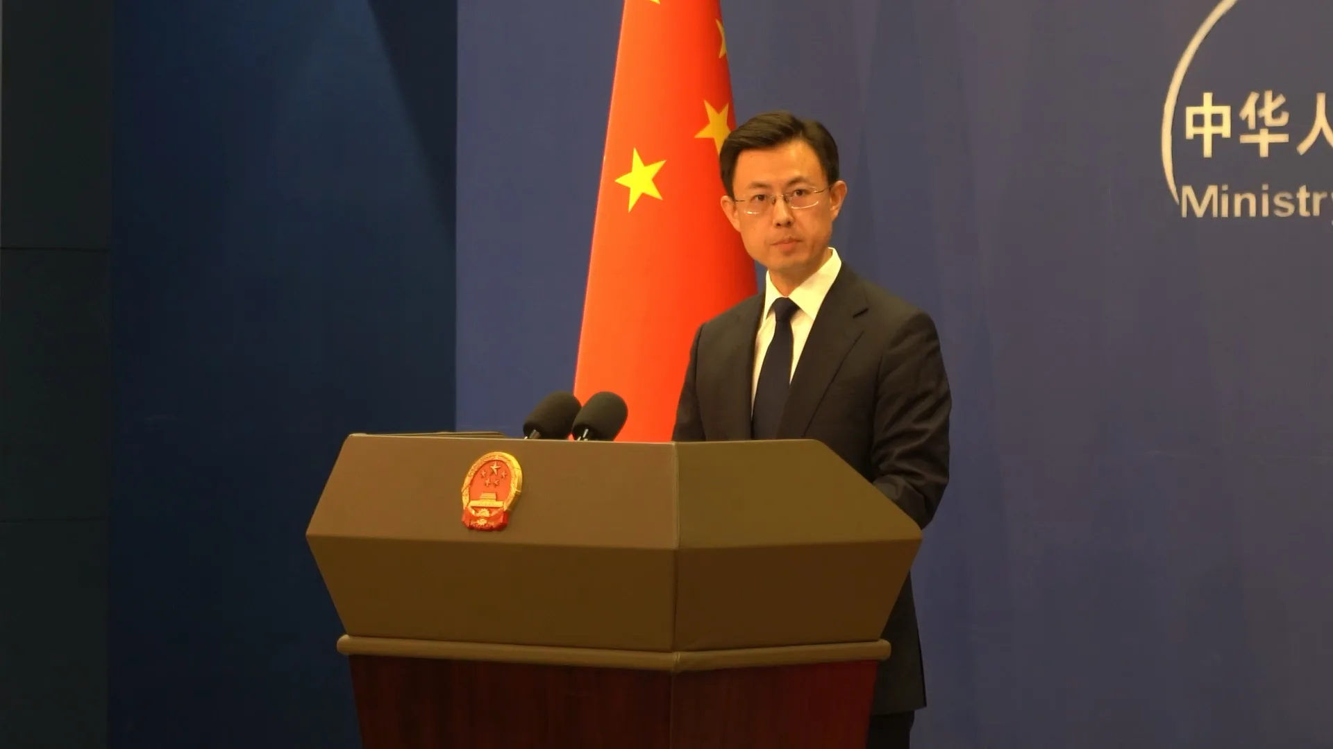 Porta-voz do Ministério das Relações Exteriores, Guo Jiakun, durante coletiva de imprensa. 13 de abril de 2026