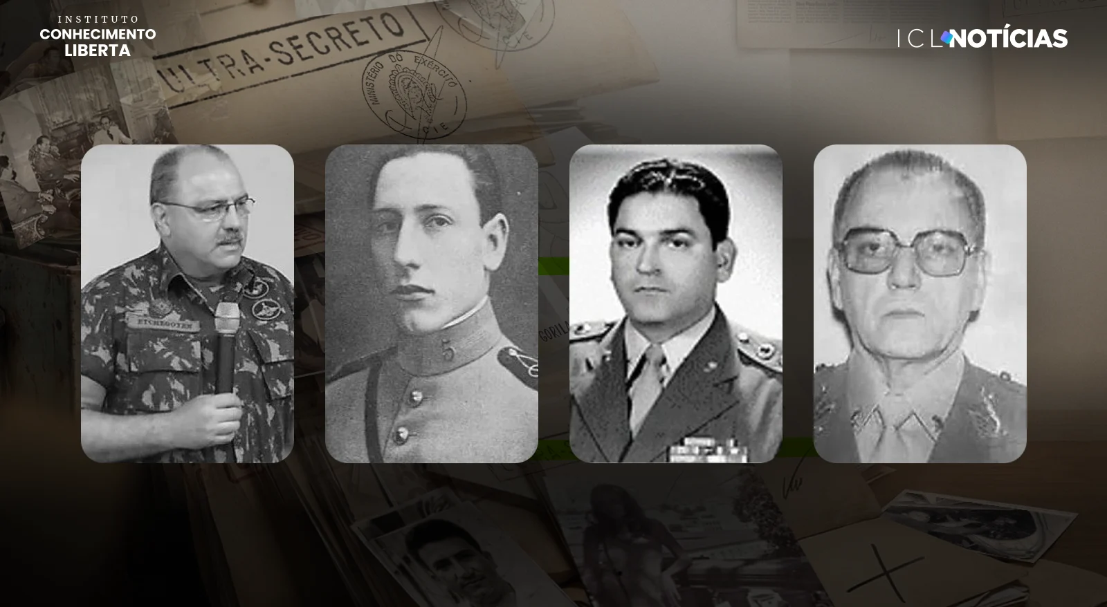 Montagem com integrantes da família Etchegoyen, destacando a presença de gerações de militares ligadas à atuação política e repressiva desde antes da ditadura de 1964.
