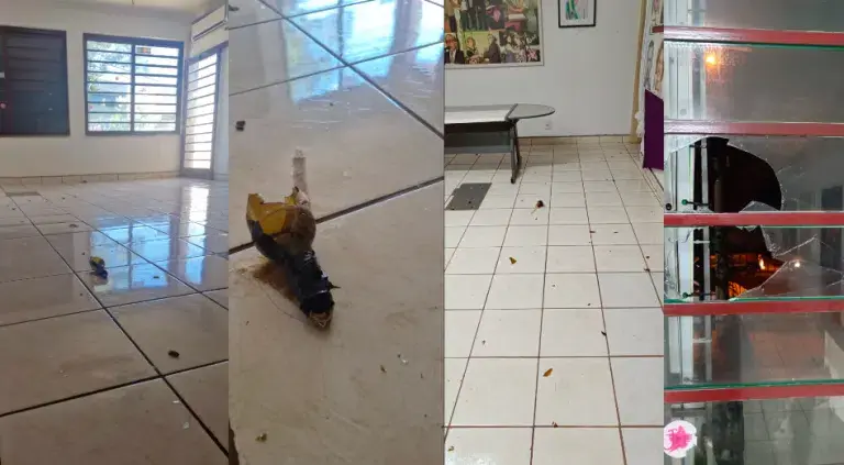 Estragos dos explosivos jogados contra a sede do PT de Ribeirão Preto