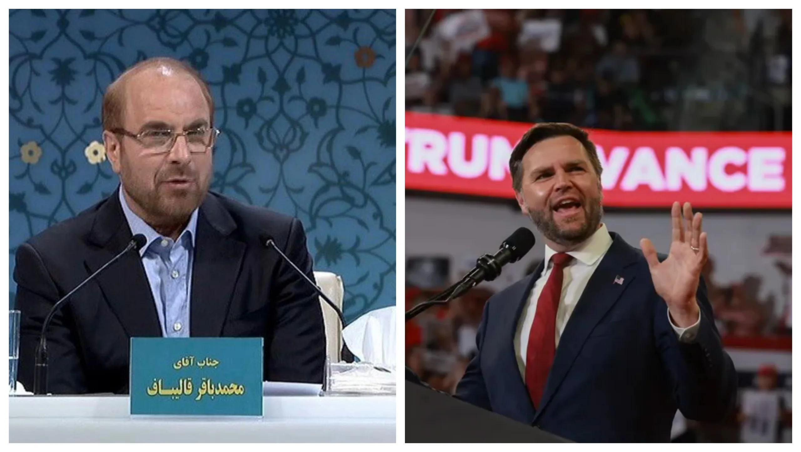 O presidente do Parlamento iraniano, Mohammad Bagher Ghalibaf, e o vice-presidente dos EUA, JD Vance