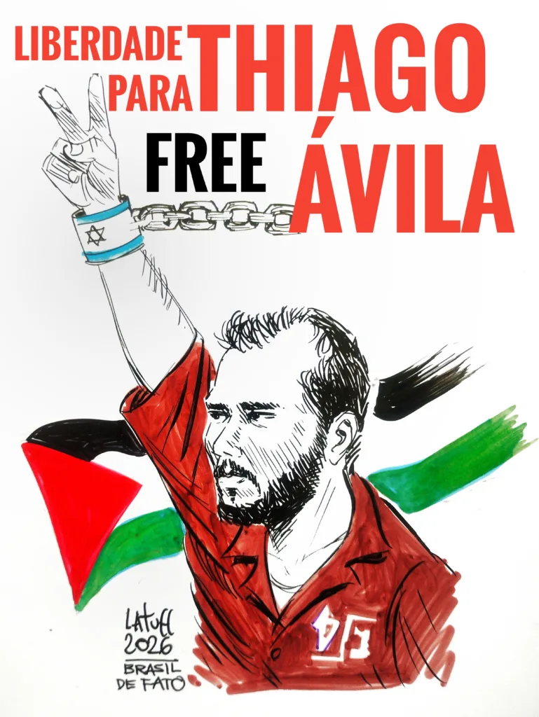 Liberdade para Thiago Ávila, charge de Carlos Latuff para o Brasil de Fato