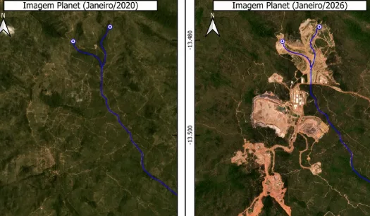 Imagens mostram degradação da área de nascente após cinco anos.