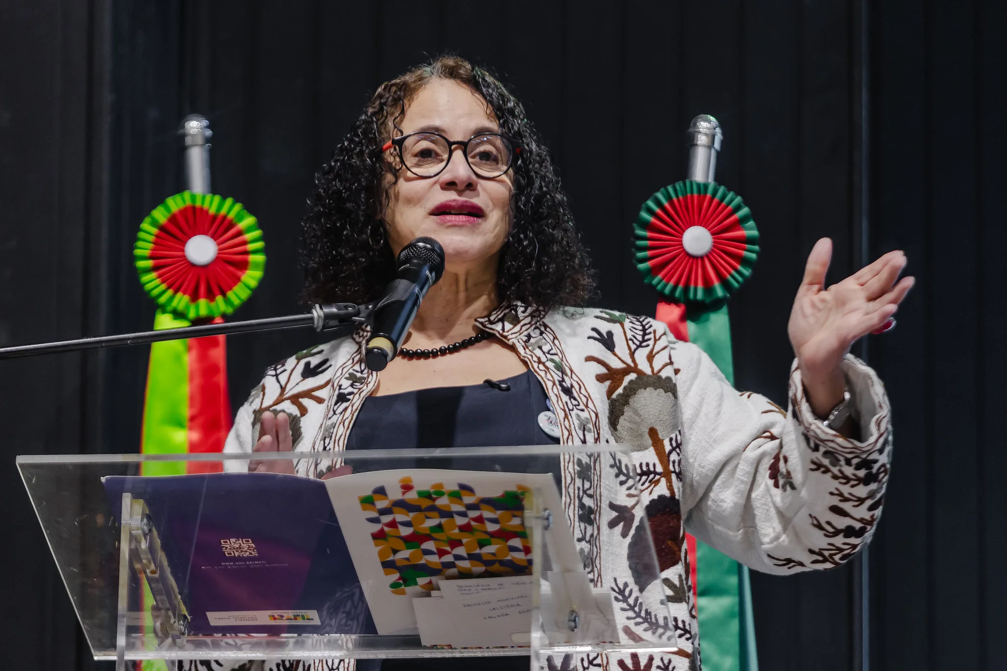 Ministra Luciana Santos, mulher branca de cabelos castanhos encaracolados, fala no lançamento do programa Mais Ciẽncia na Escola