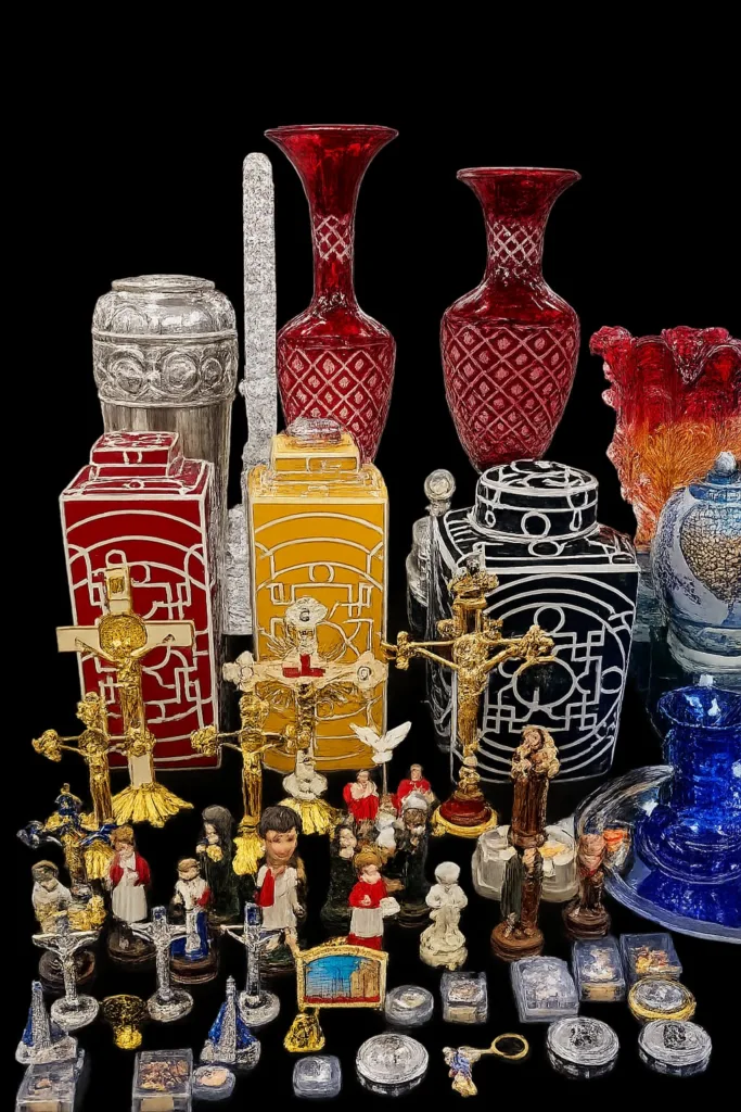 Acervo de objetos decorativos e arte sacra reúne vasos, crucifixos, imagens religiosas e peças de diferentes materiais, destacando a diversidade de estilos e épocas. Foto: Divulgação.