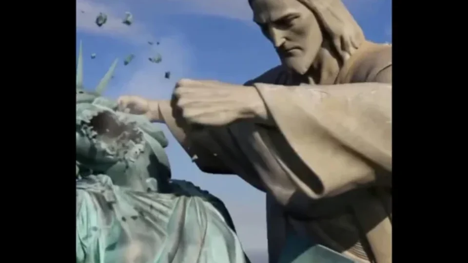 Em vídeo produzido pelo Irã, o Cristo Redentor nocauteia a Estátua da Liberdade.