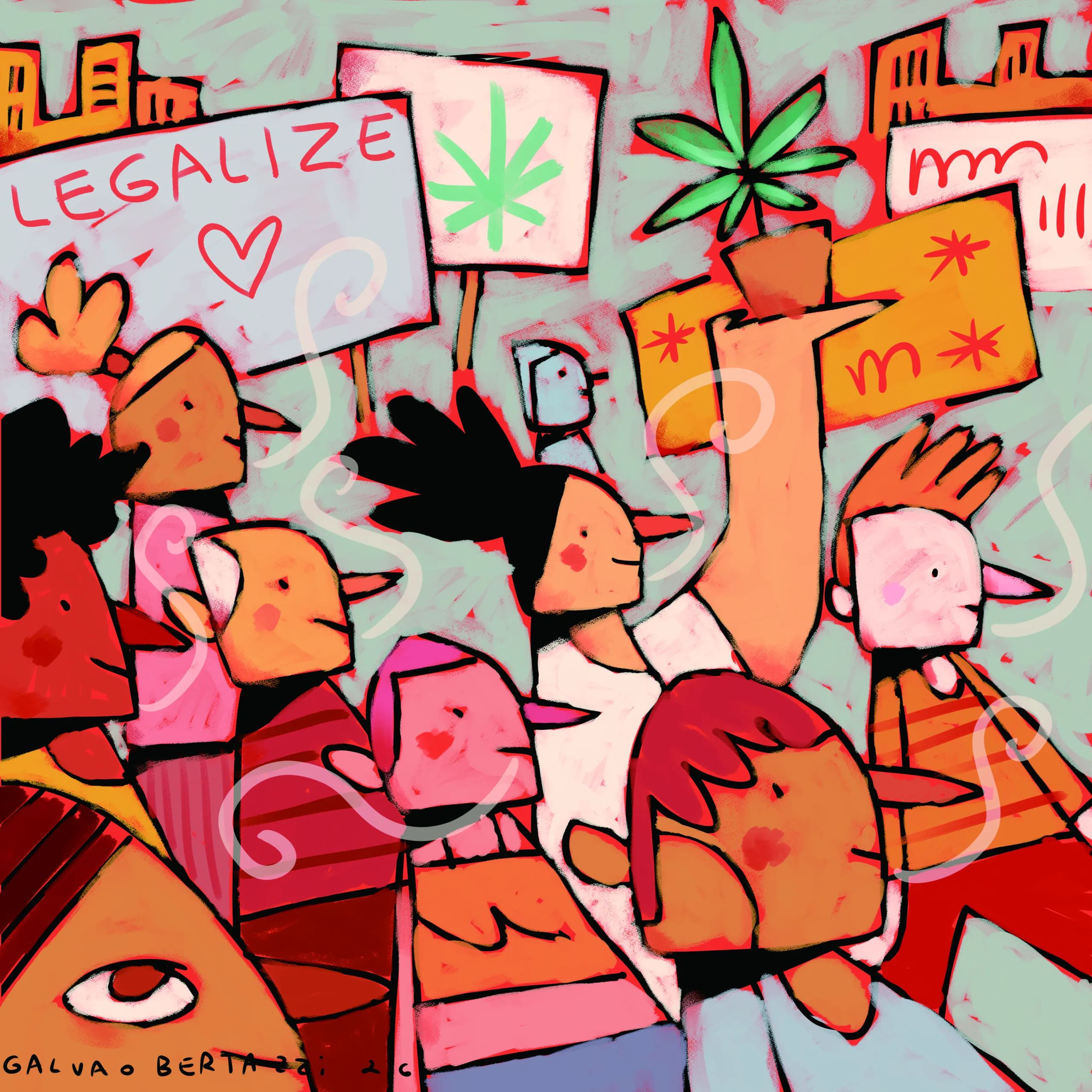 Ilustração mostra pessoas em marcha de protesto pela legalização da maconha