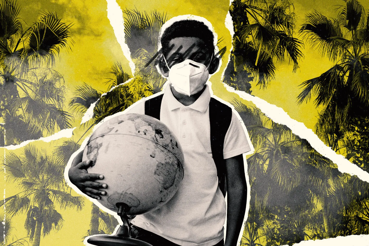 Ilustração mostra uma criança com máscara, cercada por recortes de bananeiras