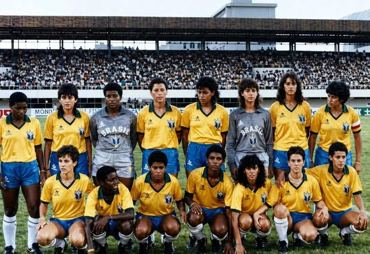 Jogadoras da Seleção brasileira de Futebol Feminino de 1988 posada. Em pé: Pelezinha, Suzana, Lica, Flordelis, Suzy, Simone, Elane e Fia. Agachadas: Russa, Roseli, Fanta, Michael Jackson, Marcinha, Sandra e Sissi.. Foto: Acervo Museu do Futebol/Divulgação
