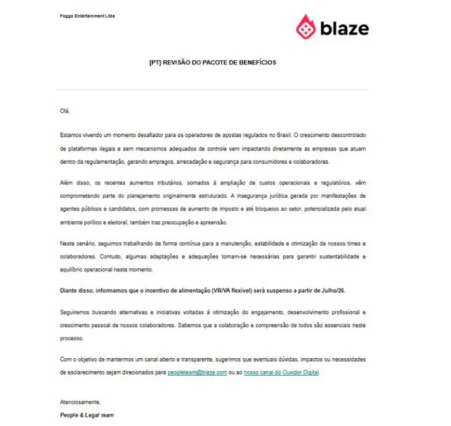 Comunicado da Blaze aos trabalhadores