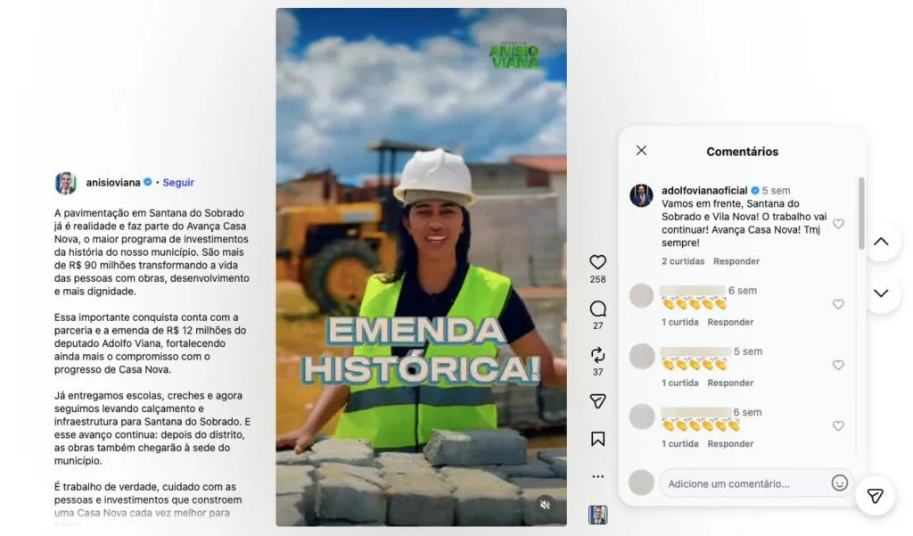 Post do prefeito de Casa Nova anuncia emenda de R$ 12 milhões do deputado federal Adolfo Viana (PSDB) para obra de calçamento flagrada com trabalho escravo