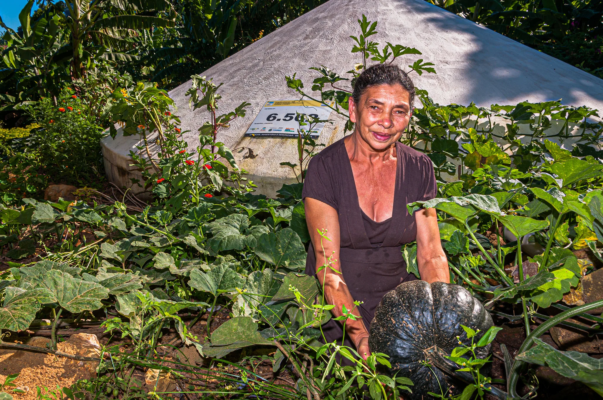 Agricultora exibe um jerimum que brota no seu quintal, em Triunfo (PE), no Sertão