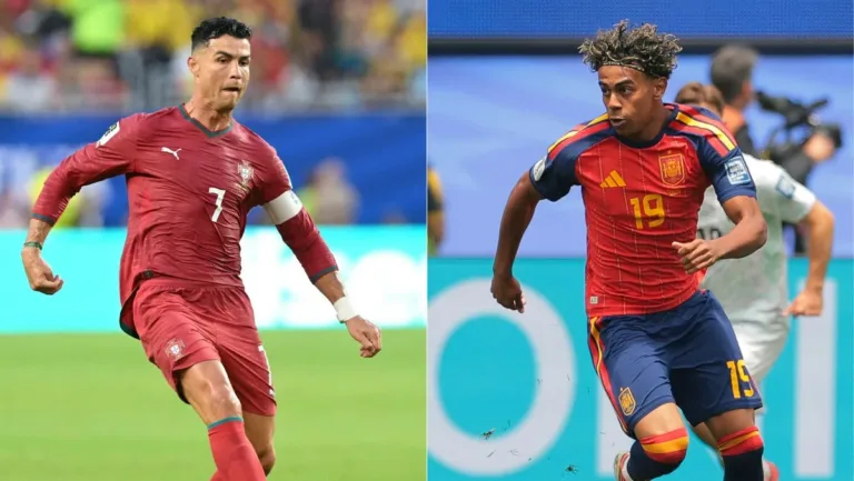 (COMBO) This combination of pictures created on July 04, 2026 shows Portugal's forward #07 Cristiano Ronaldo (L) in Miami Gardens on June 27, 2026 and Spain's forward #19 Lamine Yamal at the Los Angeles Stadium in Inglewood on July 2, 2026 during the 2026 World Cup football tournament. Portugal will face Spain in the 2026 World Cup round of 16 match at Dallas Stadium in Dallas on July 6,2026. (Photo by ROBERTO SCHMIDT and Etienne LAURENT / AFP)