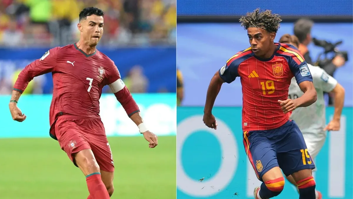(COMBO) This combination of pictures created on July 04, 2026 shows Portugal's forward #07 Cristiano Ronaldo (L) in Miami Gardens on June 27, 2026 and Spain's forward #19 Lamine Yamal at the Los Angeles Stadium in Inglewood on July 2, 2026 during the 2026 World Cup football tournament. Portugal will face Spain in the 2026 World Cup round of 16 match at Dallas Stadium in Dallas on July 6,2026. (Photo by ROBERTO SCHMIDT and Etienne LAURENT / AFP)