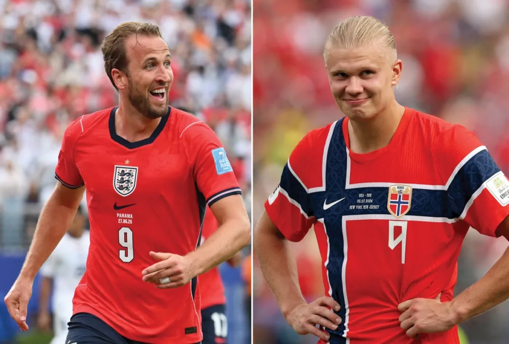 Harry Kane (esquerda), da Inglaterra, e Erling Haaland (direita), da Noruega, se enfrentam neste sábado em partida que vale a classificação para as semifinais da Copa do Mundo