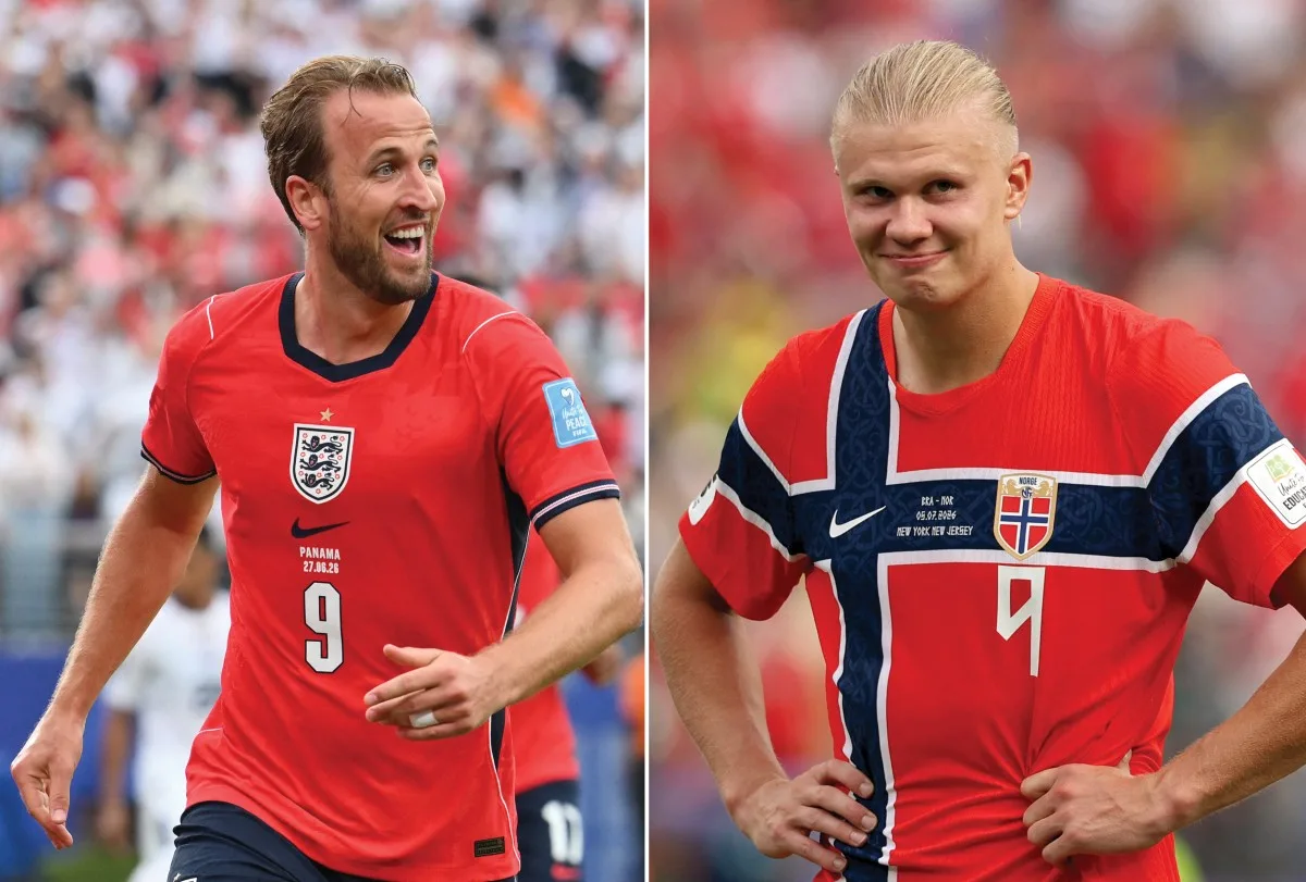 Harry Kane (esquerda), da Inglaterra, e Erling Haaland (direita), da Noruega, se enfrentam neste sábado em partida que vale a classificação para as semifinais da Copa do Mundo