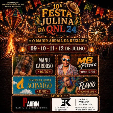A 10ª Festa Julina da QNL 24, em Taguatinga Norte, reúne quadrilhas, shows e comidas típicas em quatro dias de programação gratuita