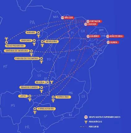 Mapa mostra a rota da carne do Grupo Mateus.