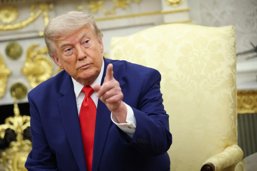 WASHINGTON, DC - JULY 21: U.S. President Donald Trump takes questions from the media during a bilateral meeting with President of Lebanon Joseph Aoun in the Oval Office of the White House on July 21, 2026 in Washington, DC. Aoun is visiting the White House on the final day of a four-day trip to Washington to discuss the conflict between Israel and Hezbollah as the Israeli military begins its first limited withdrawal from Lebanon following last months U.S.-brokered agreement. Kevin Dietsch/Getty Images/AFP (Photo by Kevin Dietsch / GETTY IMAGES NORTH AMERICA / Getty Images via AFP)