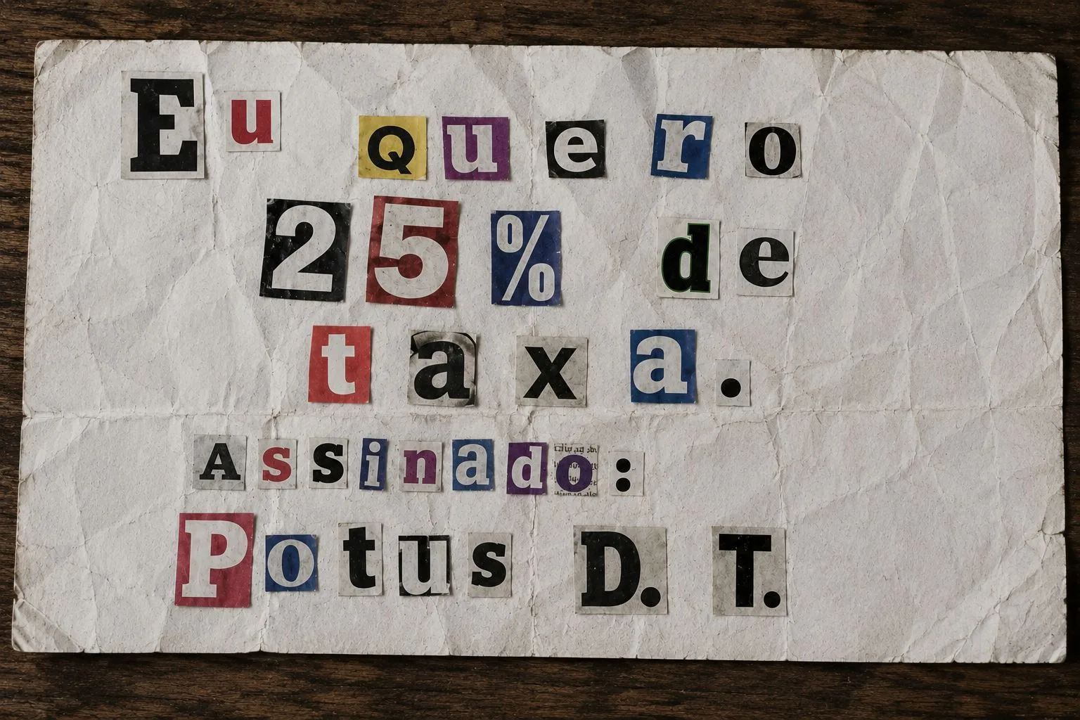 Card com o texto Eu quero 25% de taxa. Assinado: Potus D.T.