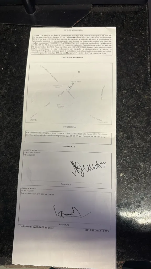 Foto na íntegra da notificação aplicada pela Lei do Psiu