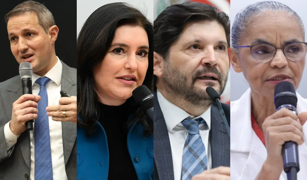 Da direita para a esquerda: Guilherme Derrite (PP), Simone Tebet (PSB), André do Prado (PL) e Marina Silva (Rede), candidatos ao Senado por São Paulo.