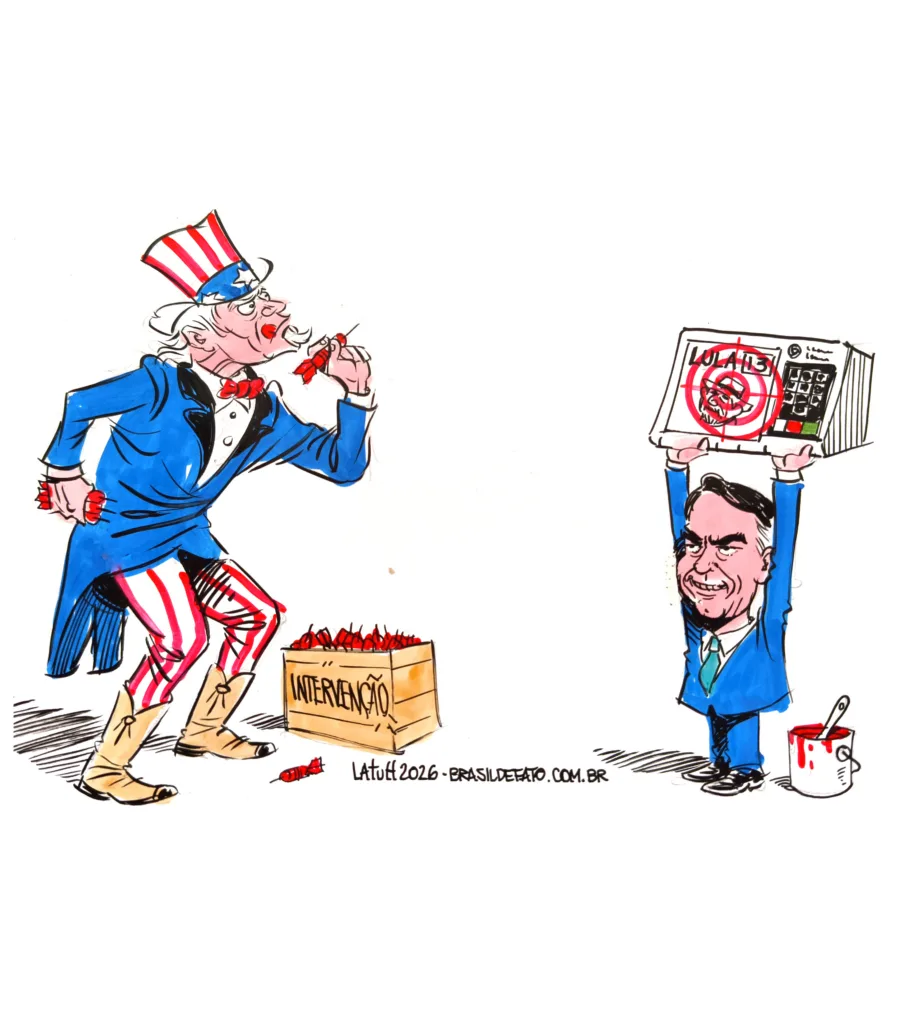 'Eleições no Brasil na mira do império', charge de Carlos Latuff para o Brasil de Fato