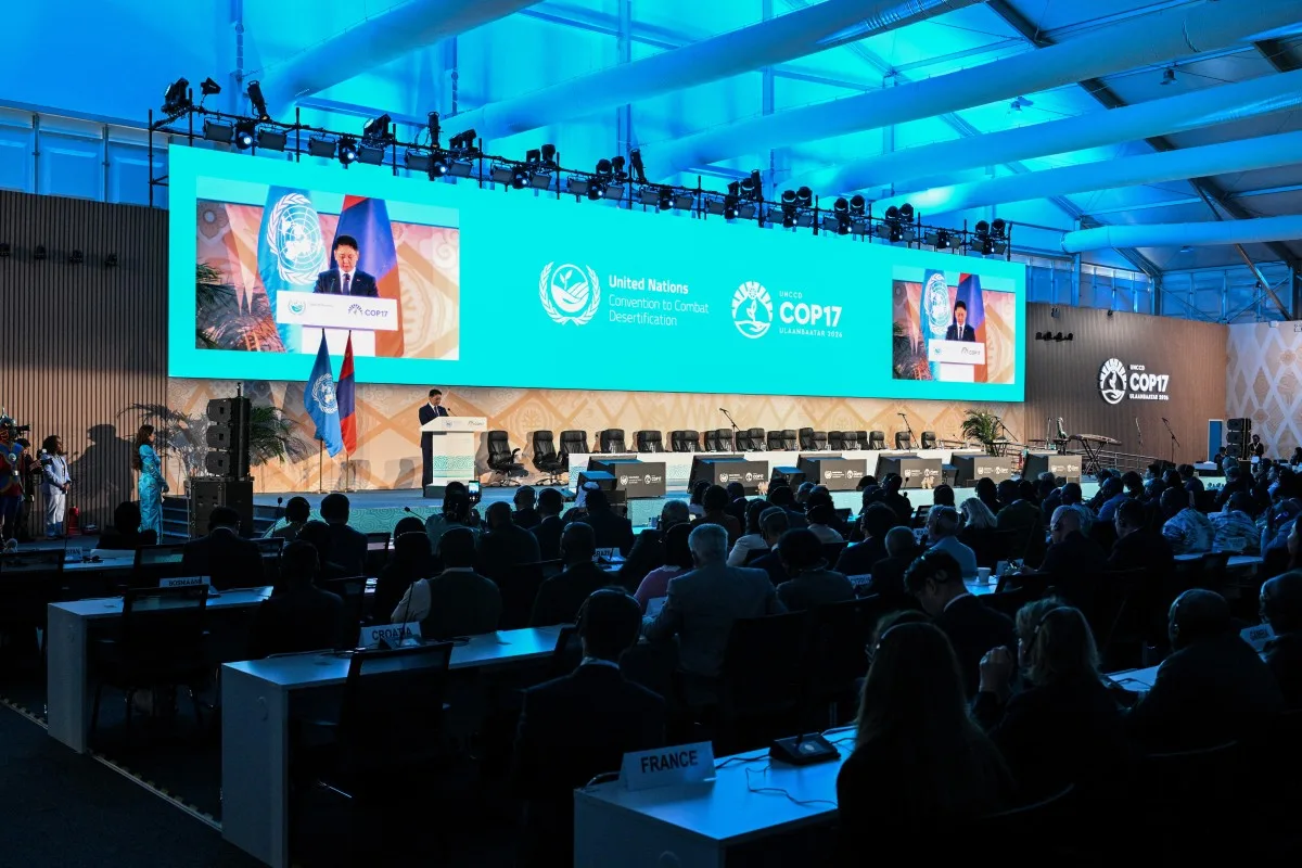 Presidente da Mongólia, Khurelsukh Ukhnaagiin, fala durante a abertura da cerimônia da 14ª sessão da Conferência das Partes (COP17) das Nações Unidas para o Combate à Desertificação (UNCCD), em Ulaanbaatar. 247/08/2026