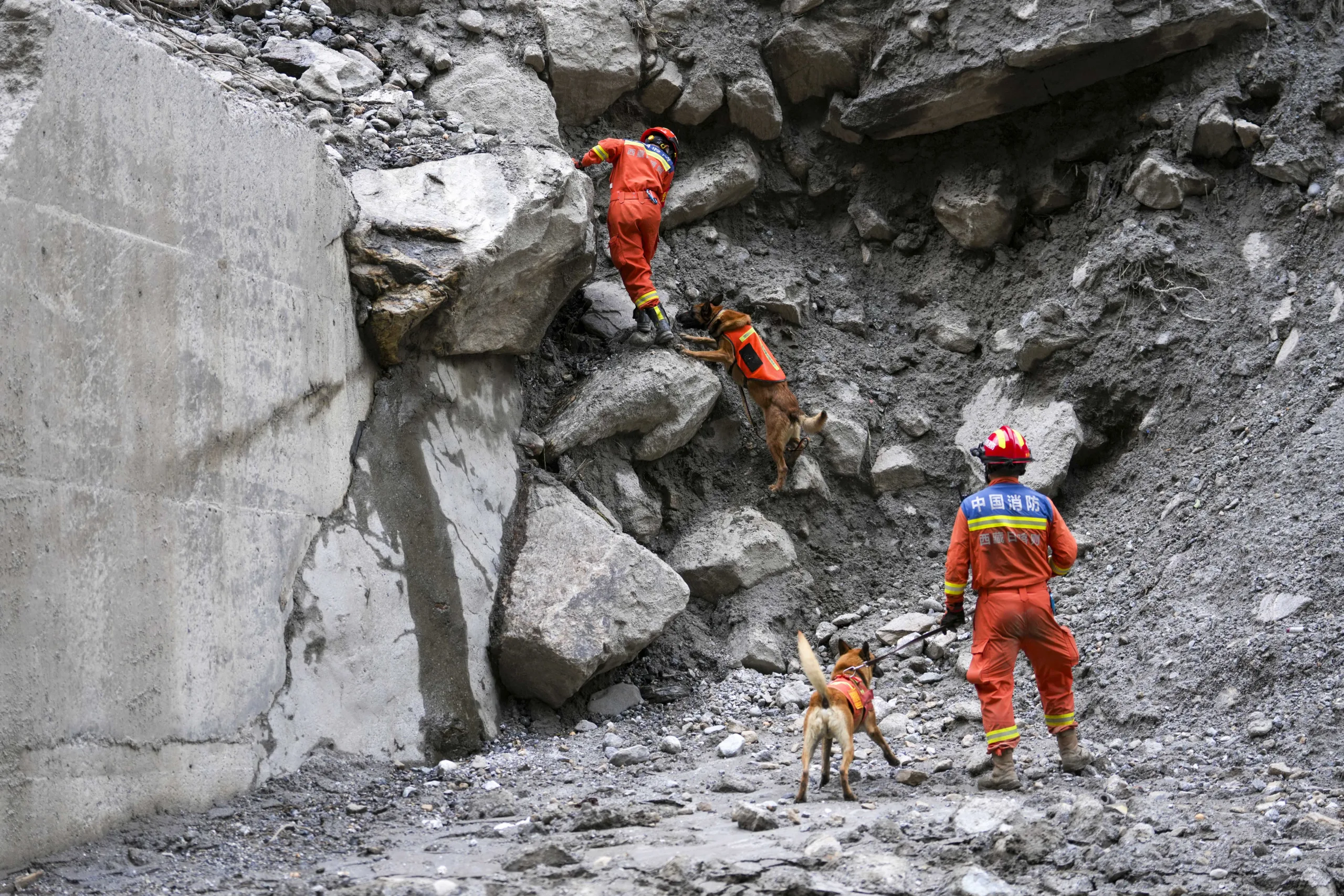 Equipes de resgate e cães farejadores procuram por desaparecidos na área atingida pelo deslizamento de terra no condado de Jilong, na Região Autônoma Tibetana de Xizang - 30 de agosto de 2026.