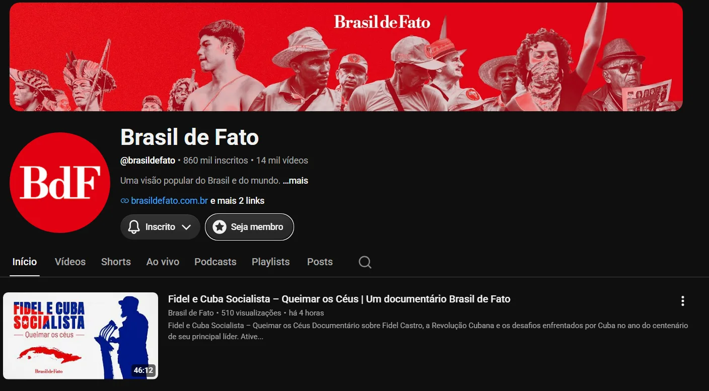 Brasil de Fato lança clube de membros no YouTube com conteúdos exclusivos
