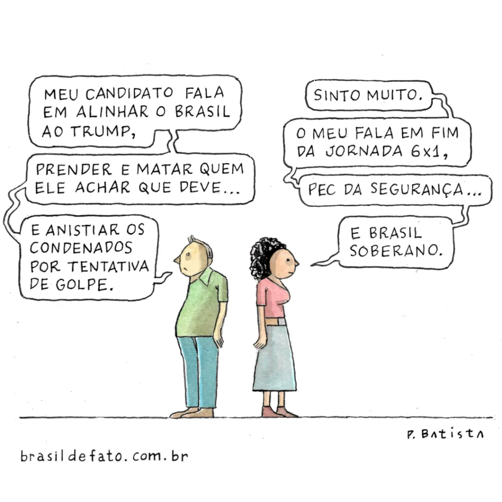 'Que lado você escolhe?', charge de Paulo Batista para o Brasil de Fato