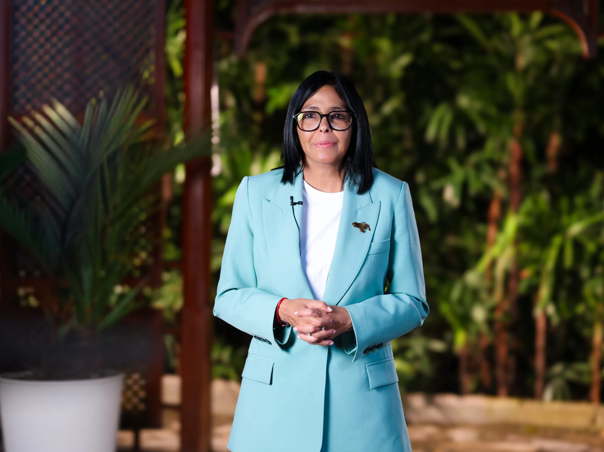 A presidenta em exercício da Venezuela, Delcy Rodríguez, em pronunciamento à nação, na segunda-feira, 24 de agosto.