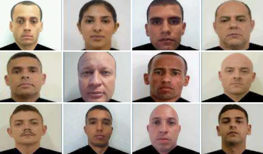 Os réus pronunciados pelo Massacre de Paraisópolis (da esquerda para a direita, a partir de cima): Anderson, Aline, Gabriel, João, José, Leandro, Luís, Marcelo, Marcos, Matheus, Paulo e Rodrigo