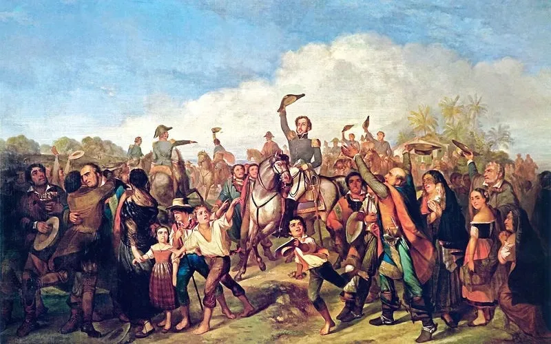 Pintura de François-René Moreau retrata d. Pedro declarando a independência em meio aos populares. [1]