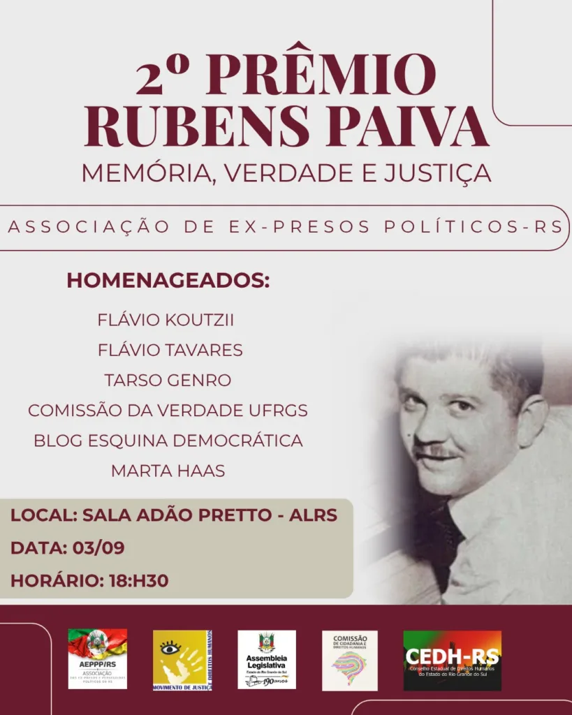 Prêmio Rubens Paiva, Memória, Verdade e Justiça homenageia pessoas e entidades que atuam na defesa da democracia e dos Direitos Humanos