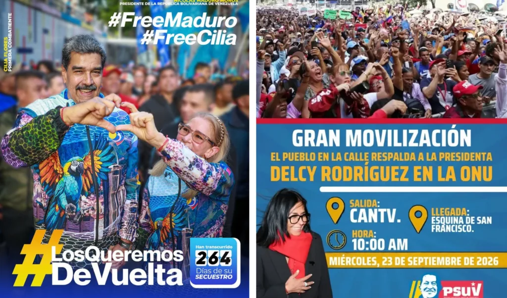 À esquerda, cartaz convoca ato em respaldo à presidenta em exercício, Delcy Rodríguez, publicado na conta oficial o Partido Socialista Unido da Venezuela (Psuv); à direita, cartaz publicado pela conta oficial de Nicolás Maduro, com a contagem dos dias em que permanece na prisão.