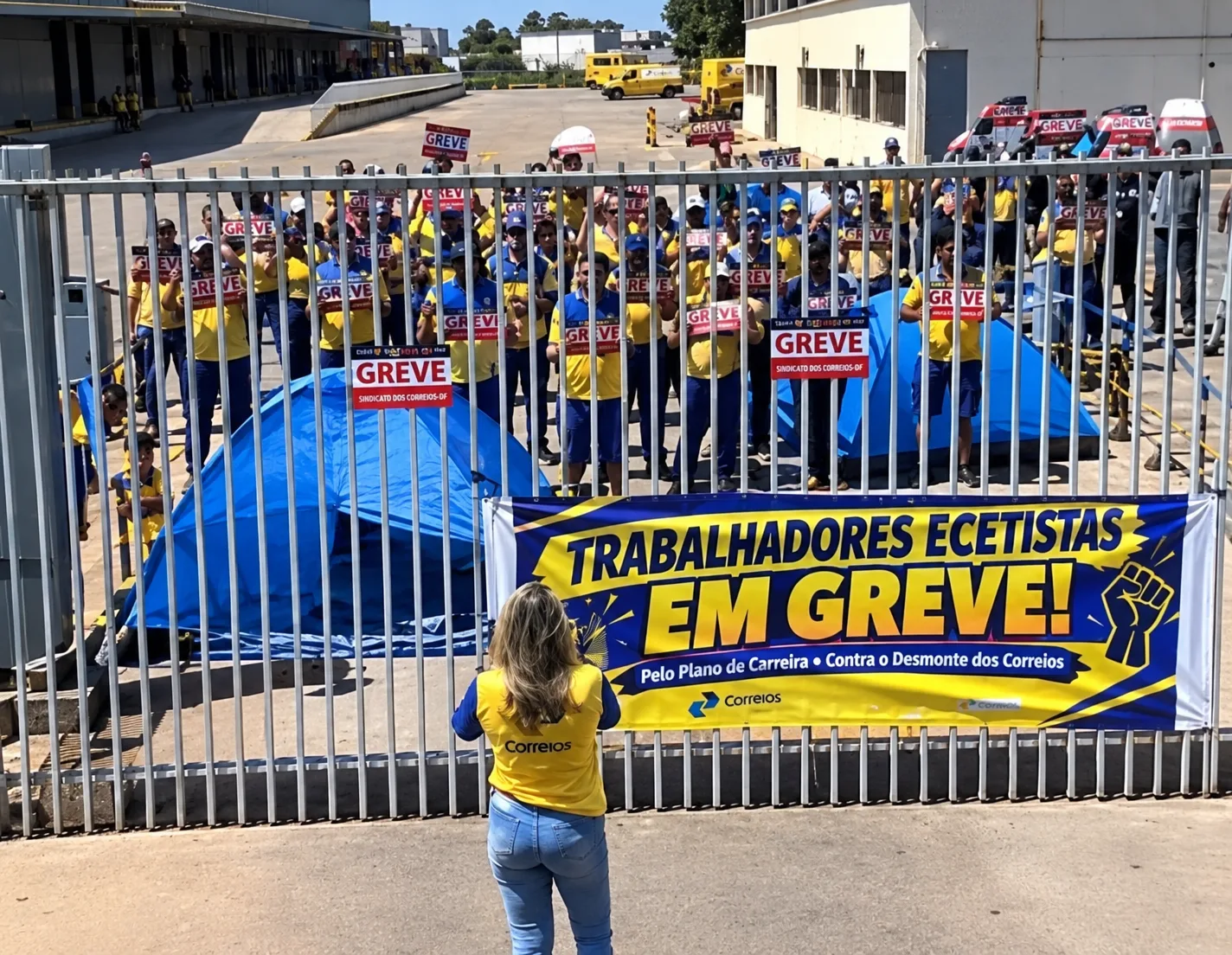 Trabalhadores dos Correios ocupam o Centro de Tratamento de Encomendas (CTE), em Brasília. A ocupação chega ao terceiro dia nesta quarta-feira (16), durante a greve da categoria