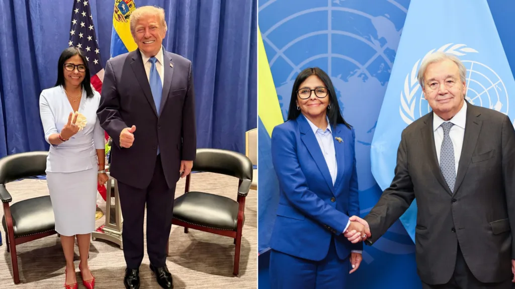 A presidenta em exercício da Venezuela, Delcy Rodríguez, ao lado de Donald Trump (foto à esquerda) e com o secretário-geral da ONU, António Guterres (à direita).