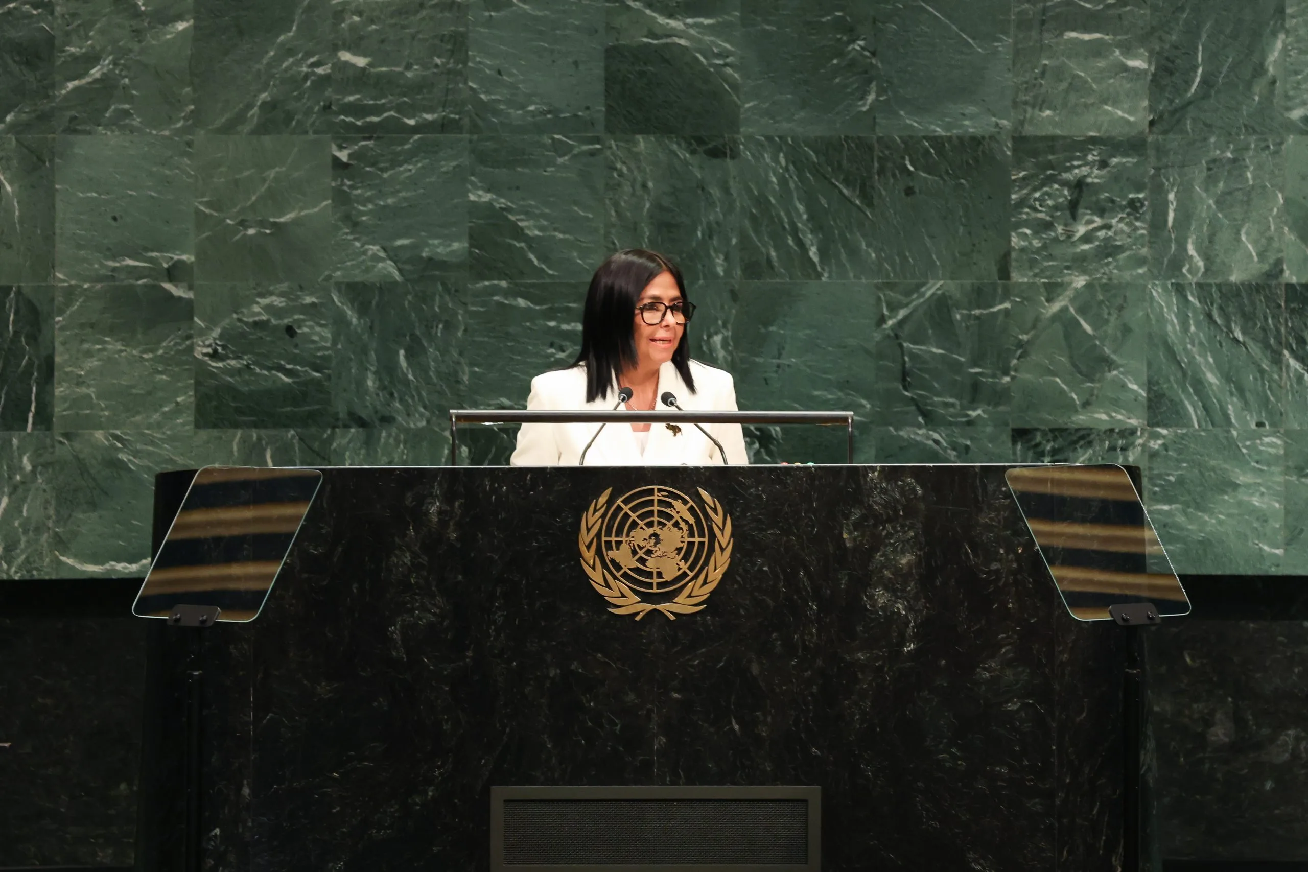 A presidenta em exercício da Venezuela, Delcy Rodríguez, durante sua intervenção na Assembleia Geral da ONU, na quinta-feira (23).